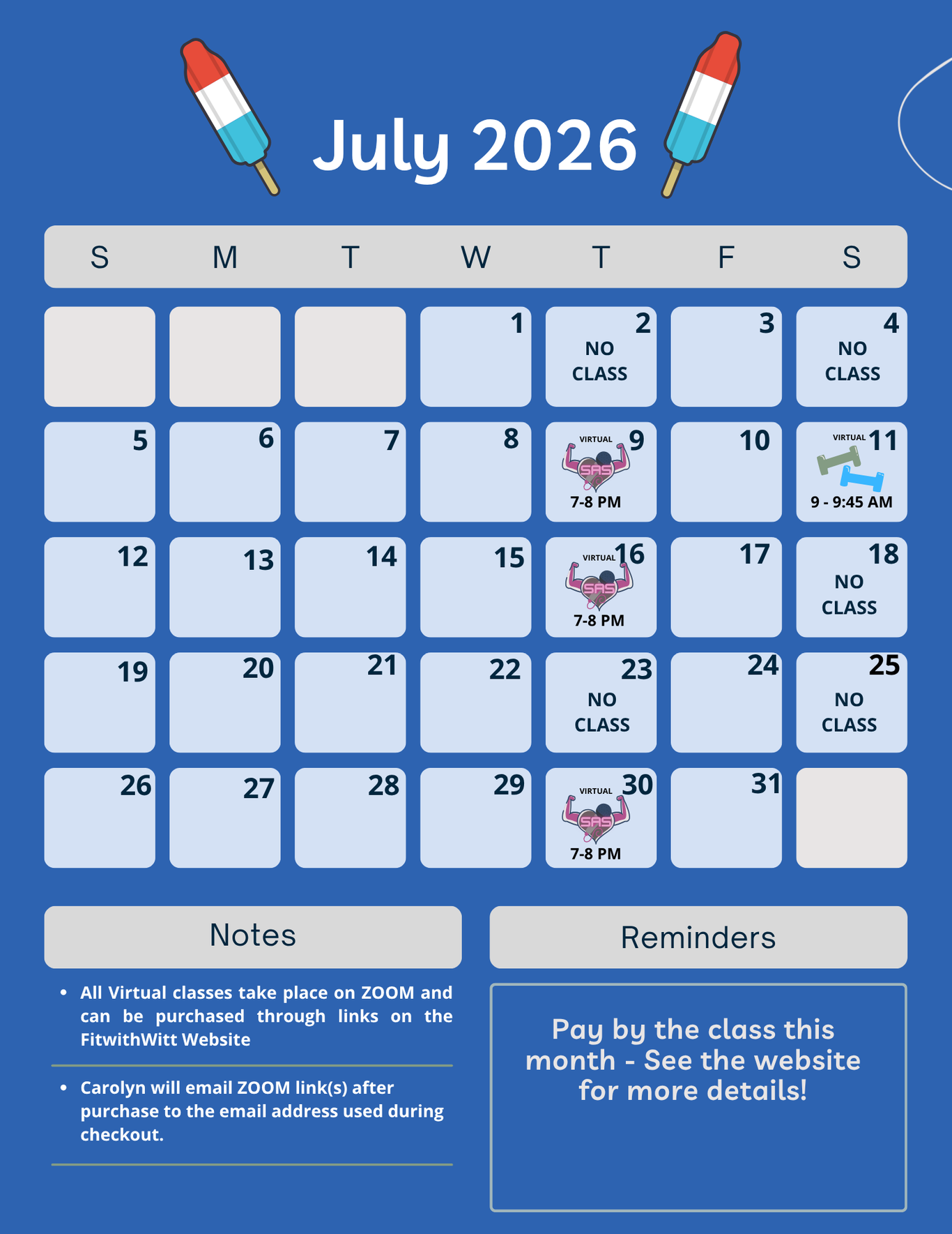 A July 2026 calendar showing the Zumba, Sing Along Sweat, and Saturday Sweat classes offered. 