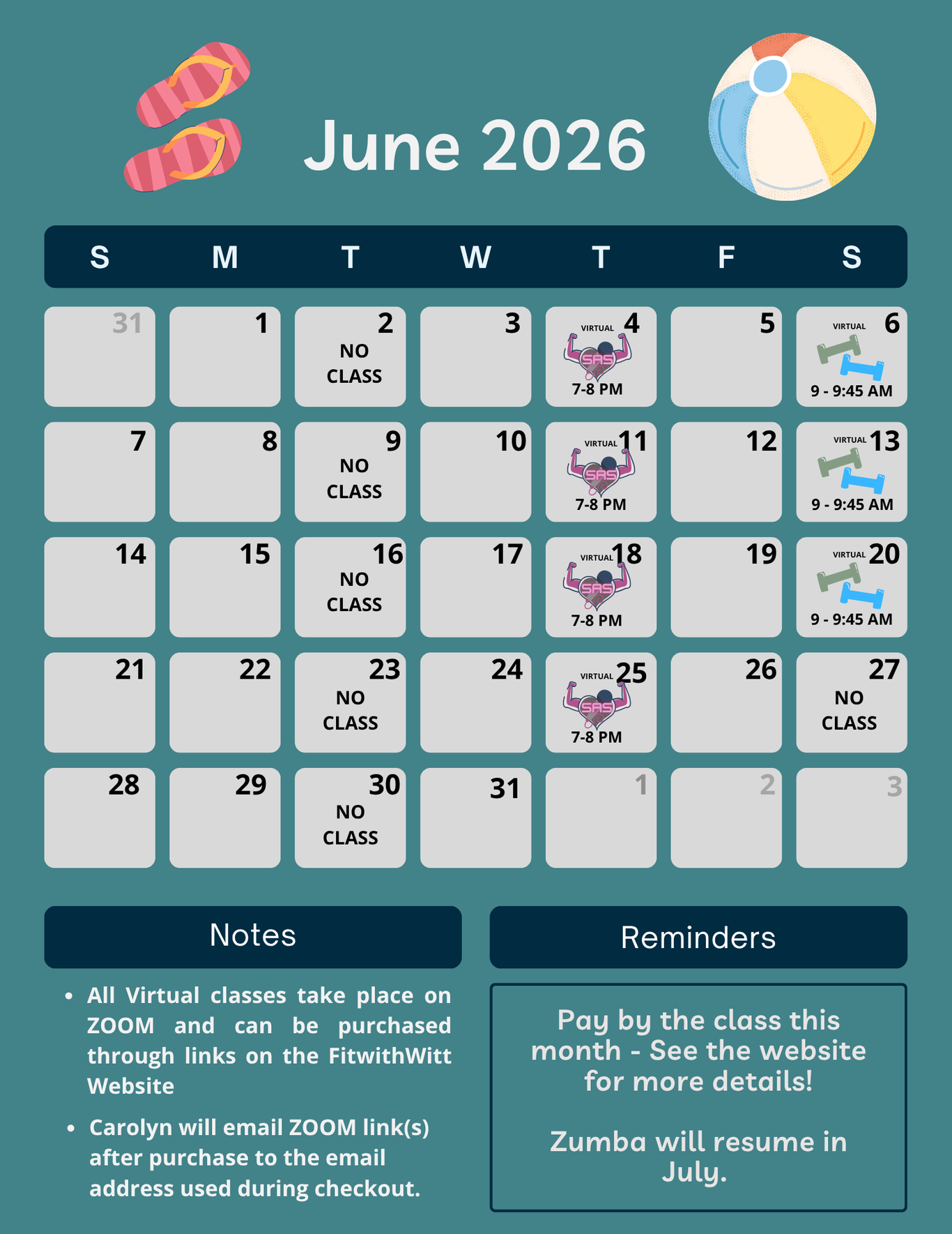 A June 2026 calendar showing the Zumba, Sing Along Sweat, and Saturday Sweat classes offered. 