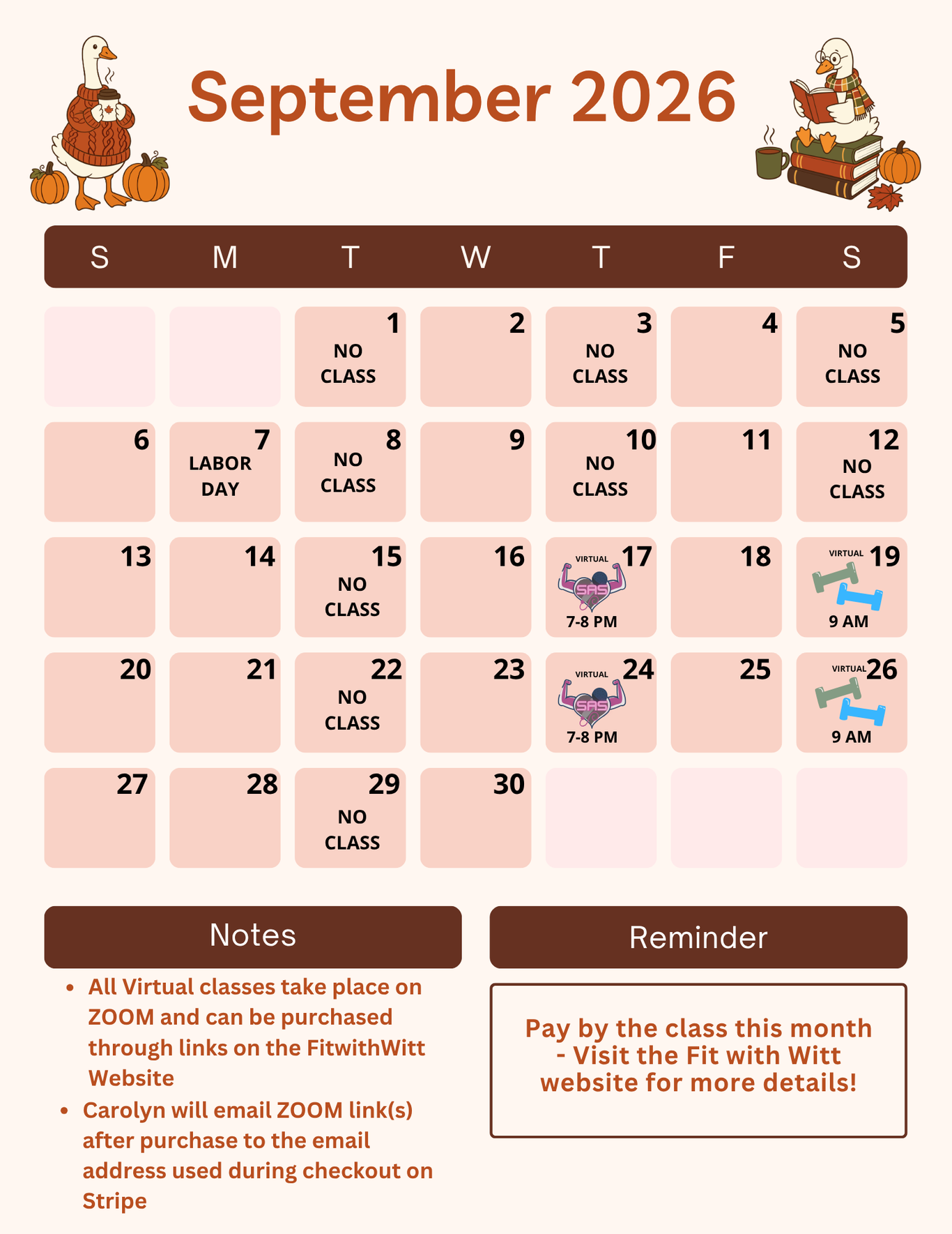 A September 2026 calendar showing the Zumba, Sing Along Sweat, and Saturday Sweat classes offered. 