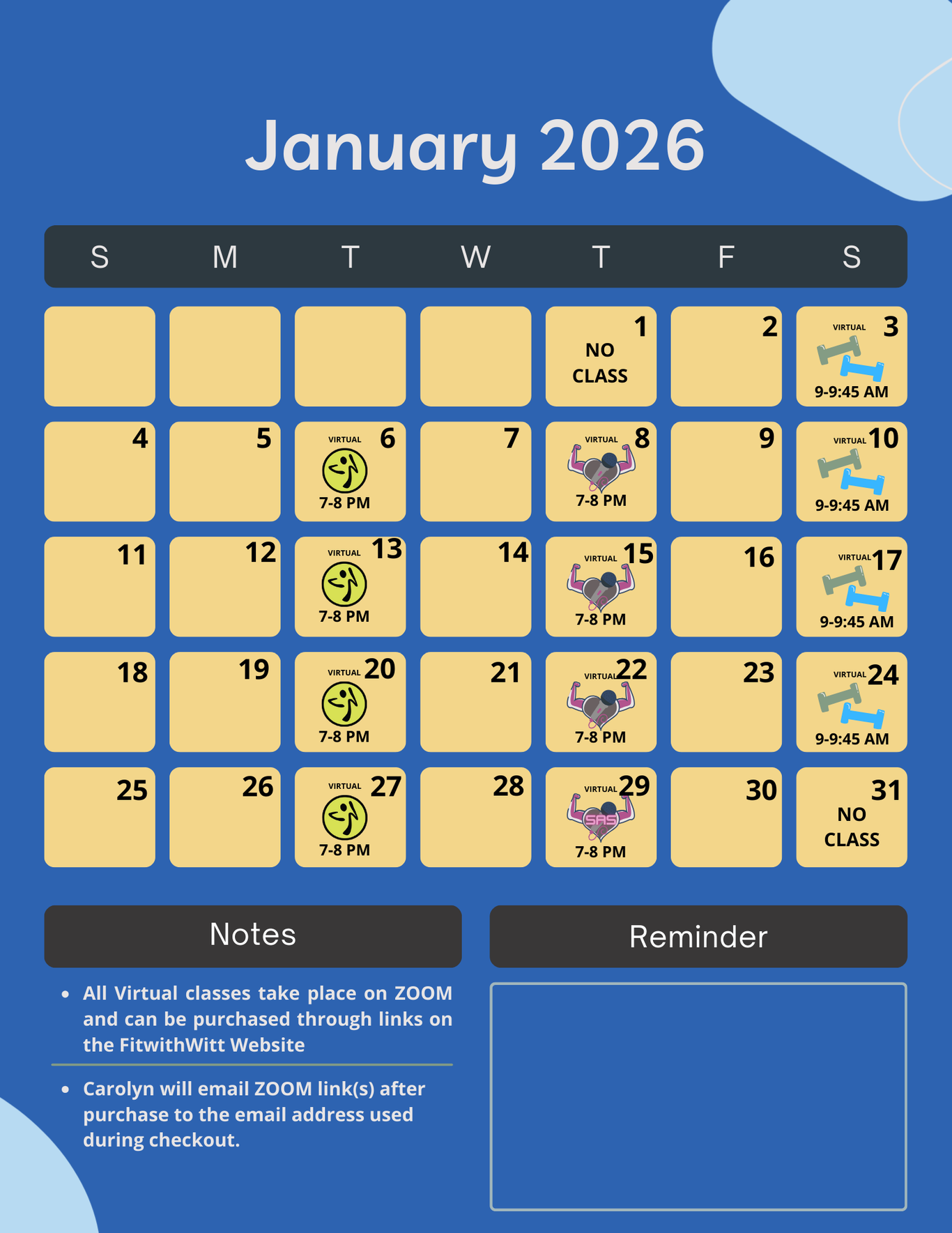 A December 2025 calendar showing the Zumba, Sing Along Sweat, and Saturday Sweat classes offered. 