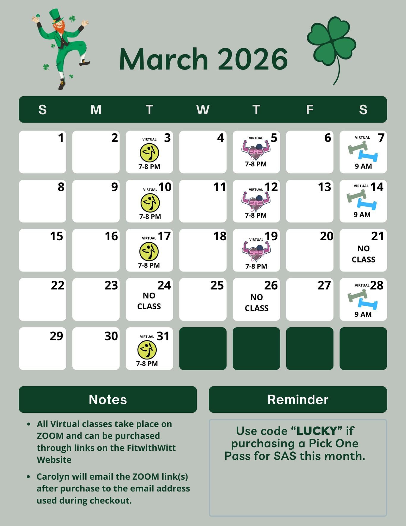 A March 2026 calendar showing the Zumba, Sing Along Sweat, and Saturday Sweat classes offered. 