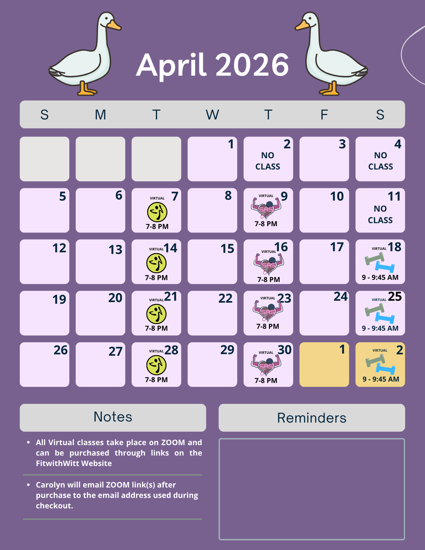 An April 2026 calendar showing the Zumba, Sing Along Sweat, and Saturday Sweat classes offered. 