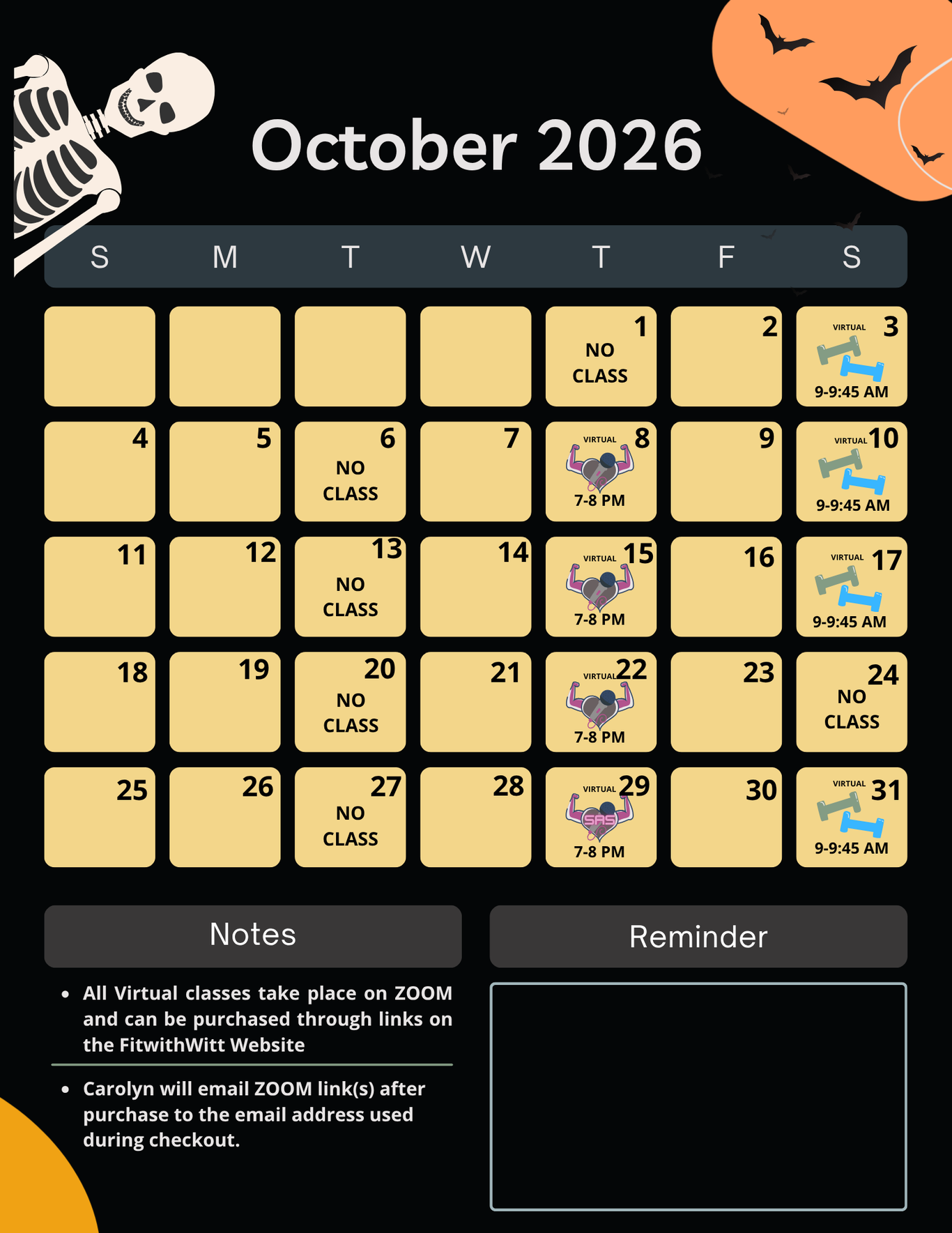 An October 2026 calendar showing the Zumba, Sing Along Sweat, and Saturday Sweat classes offered. 