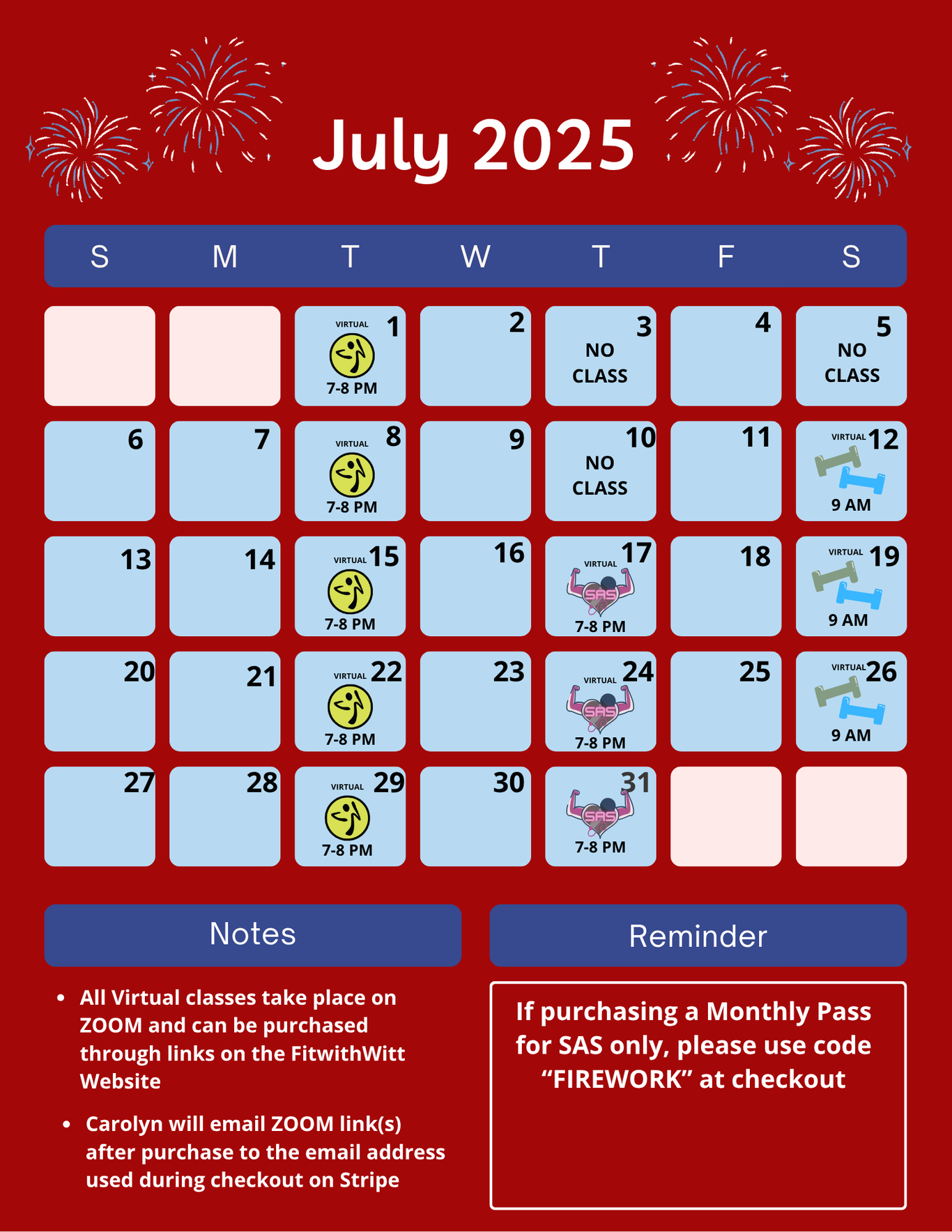 A July 2025 calendar showing the Zumba, Sing Along Sweat, and Saturday Sweat classes offered. 