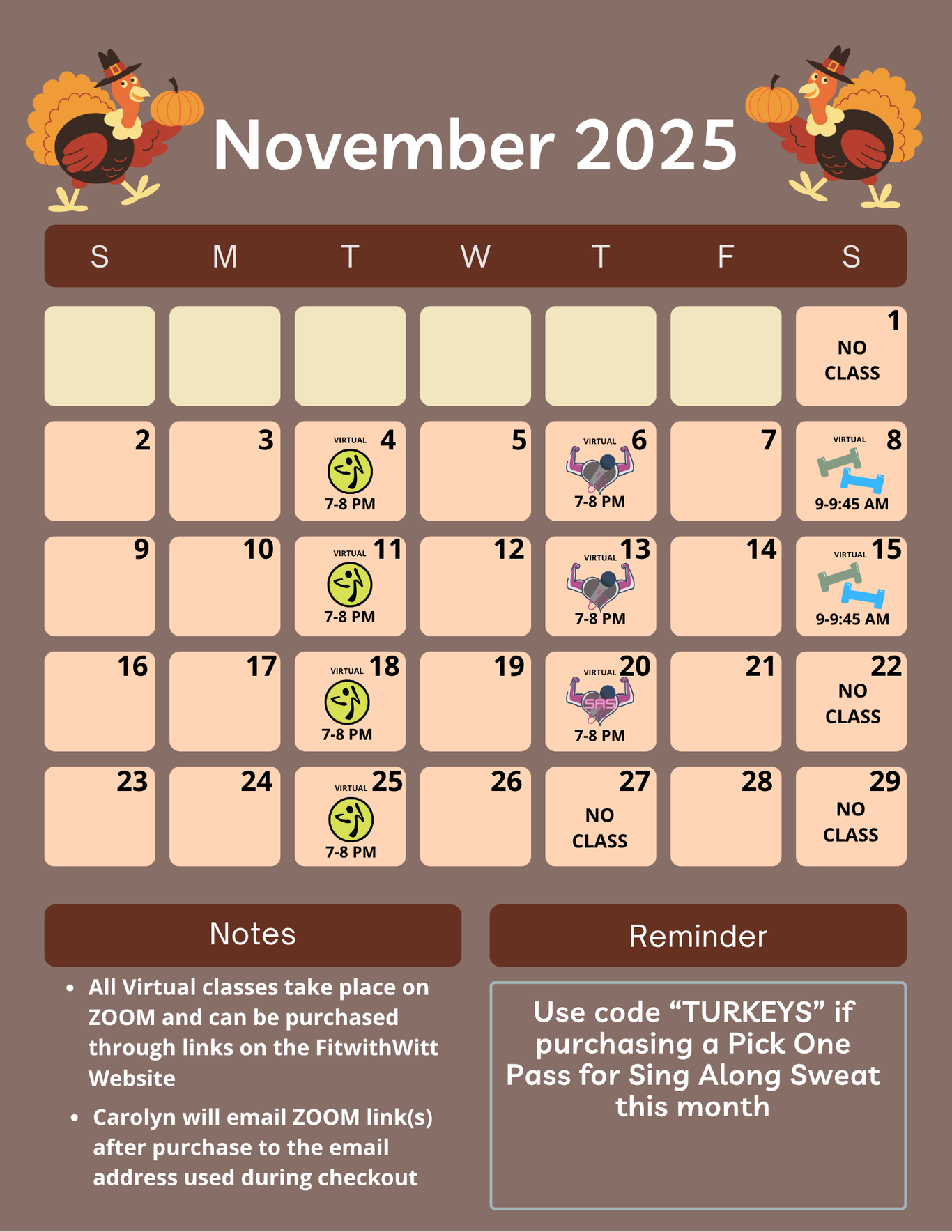 A November 2025 calendar showing the Zumba, Sing Along Sweat, and Saturday Sweat classes offered. 